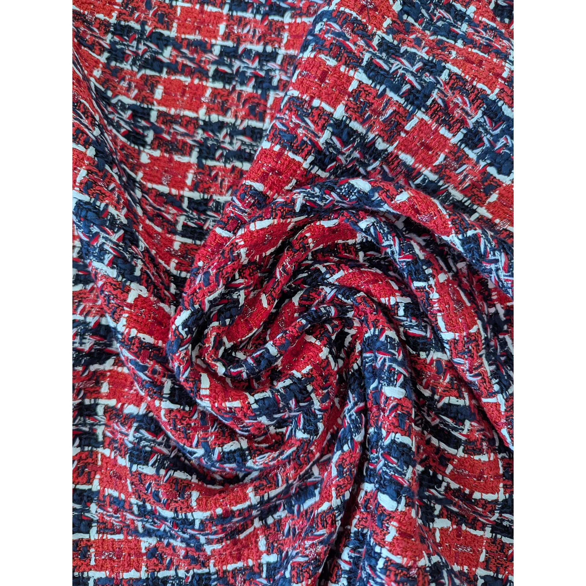 Red, navy, and white tweed deadstock fabric, 150cm wide, with a textured weave.