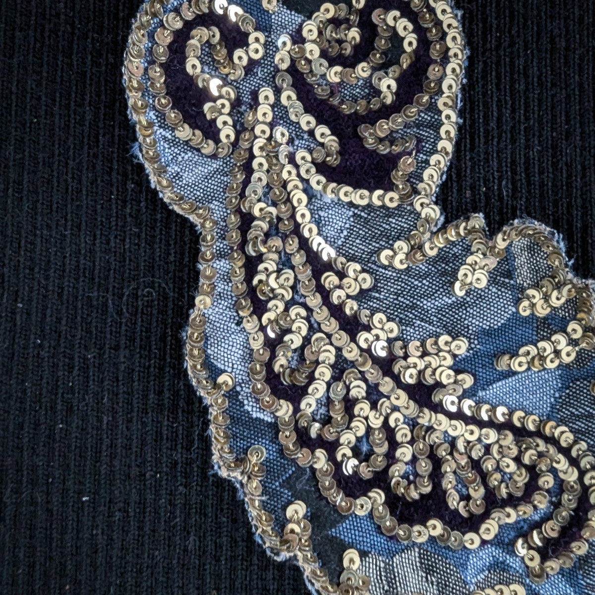 D&G 16cm gold sequin and blue paisley embroidered patch on black fabric.