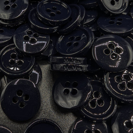 Pile of glossy dark blue 1.6cm 4-hole Max Mara Weekend buttons.