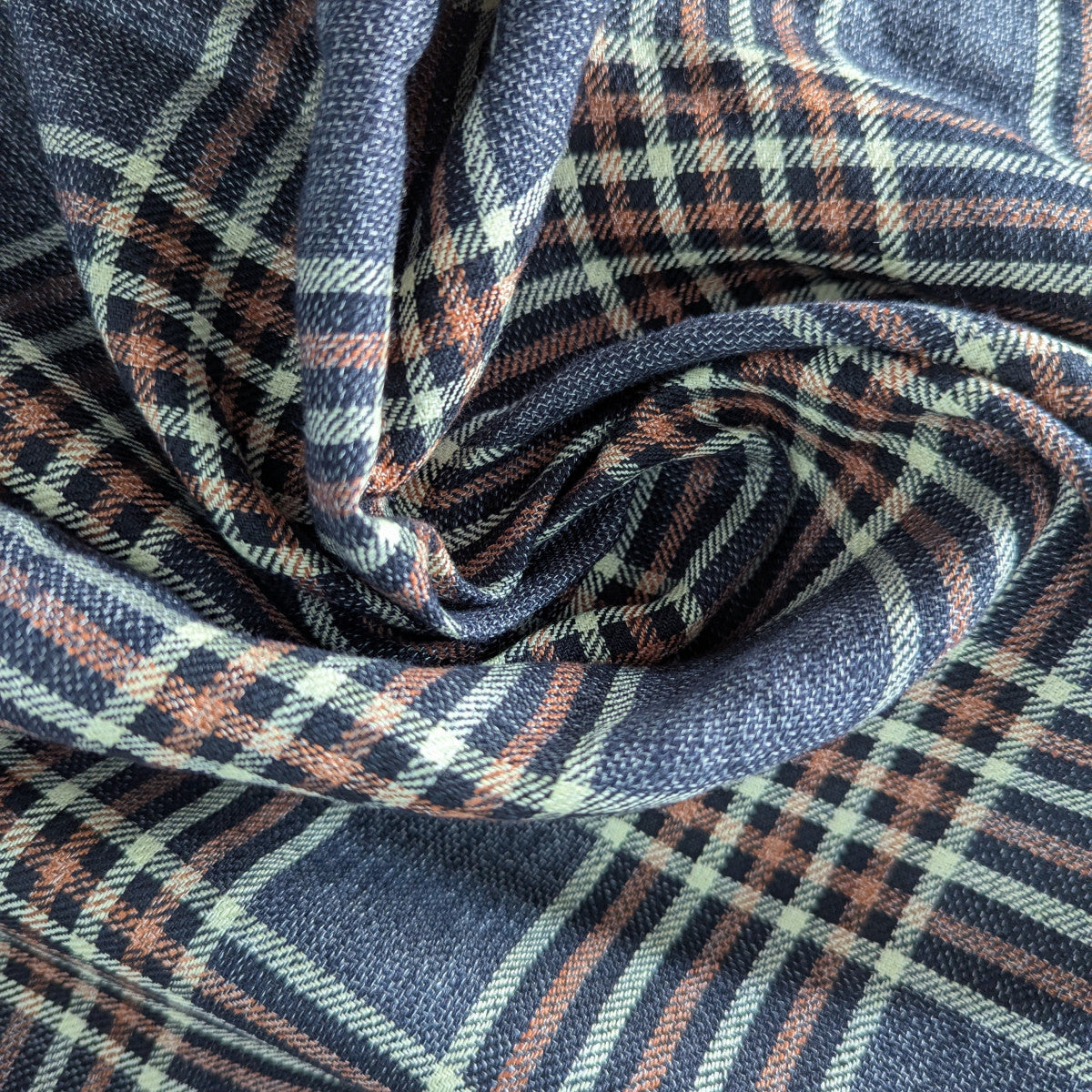 Deadstock G*cci linen-silk blend fabric, Mood Indigo plaid with blue, orange, and cream checks.