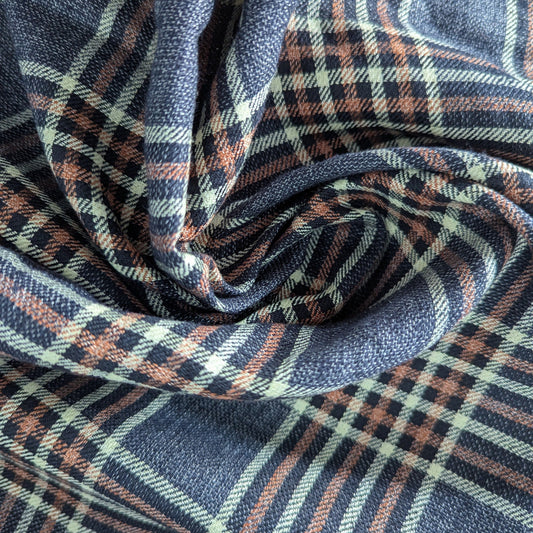 Deadstock G*cci linen-silk blend fabric, Mood Indigo plaid with blue, orange, and cream checks.