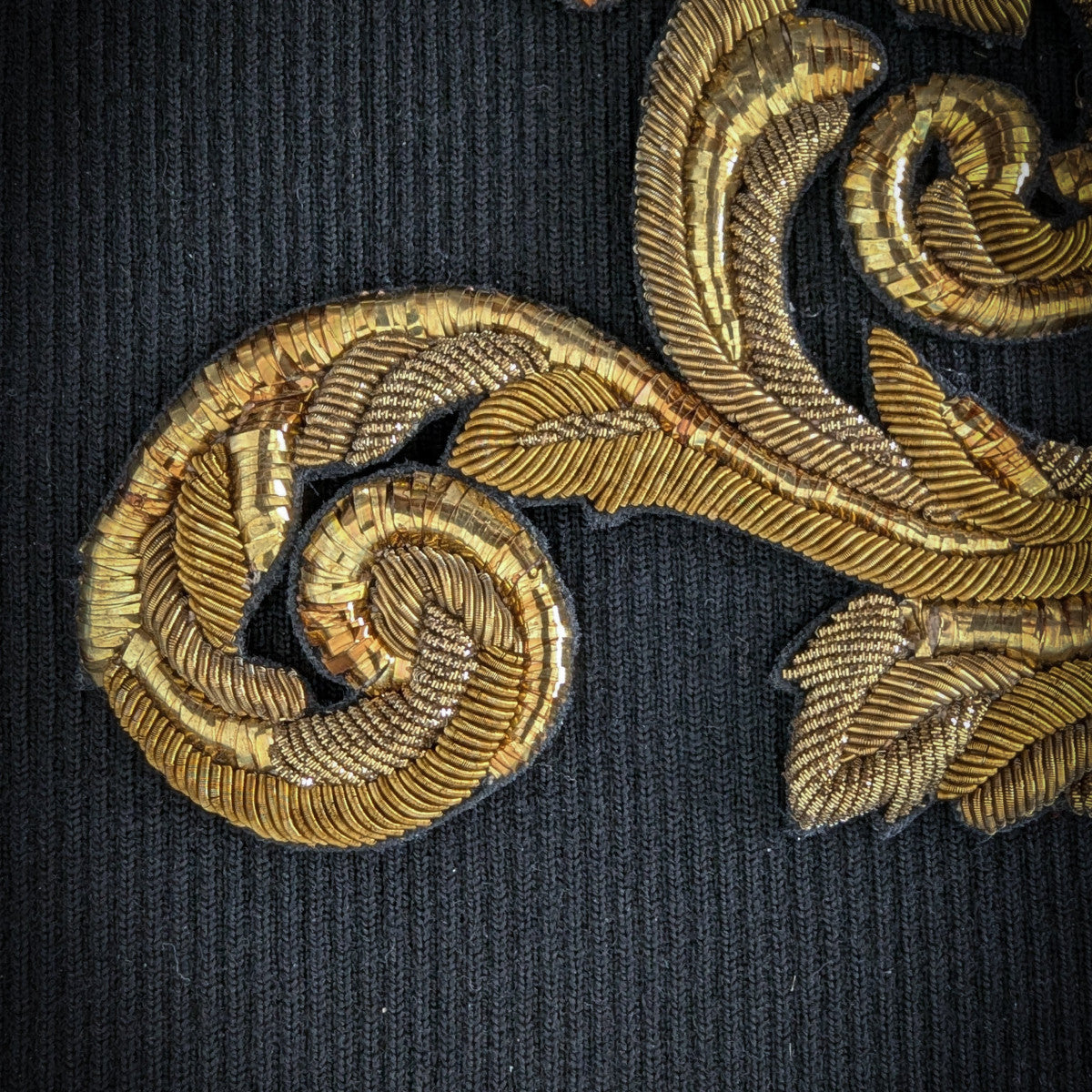 D&G gold metallic embroidery patch with intricate pearl and beadwork on black fabric, 15x16cm.