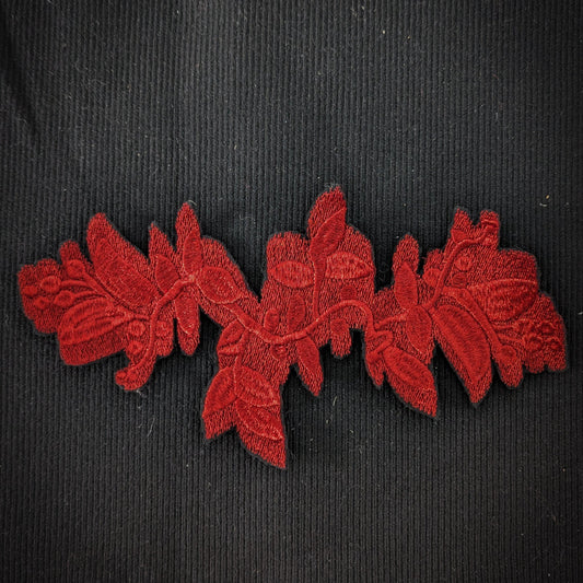 D&G red lurex embroidered floral patch, 23 cm, on a black background.