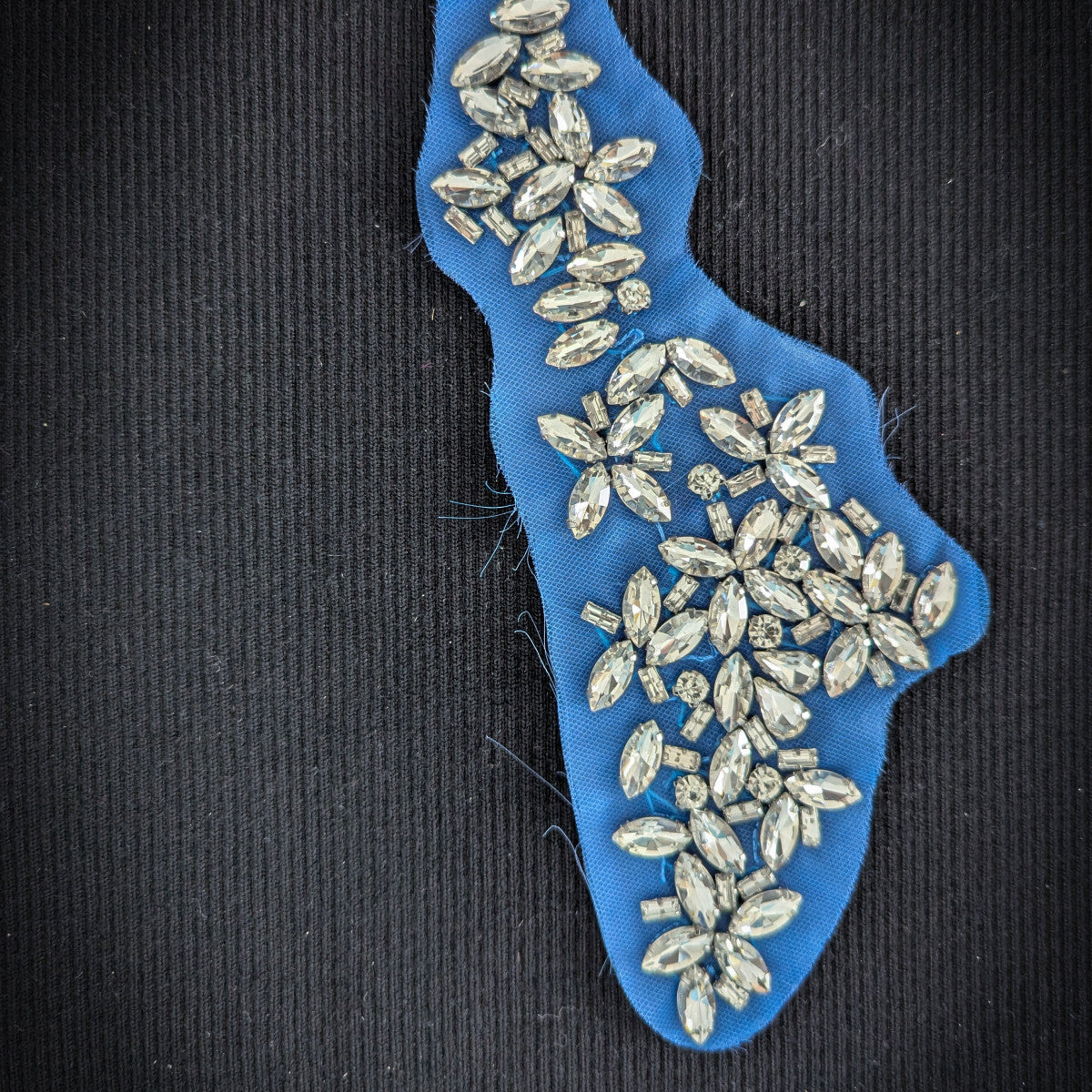 D&G blue patch with sparkling clear Swarovski stones in floral clusters, 22cm.