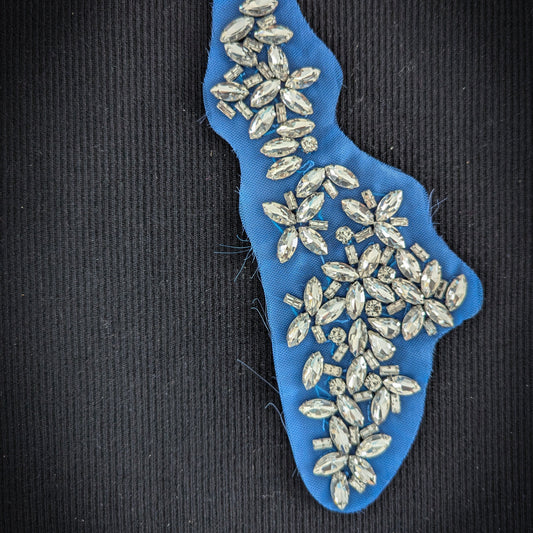 D&G blue patch with sparkling clear Swarovski stones in floral clusters, 22cm.