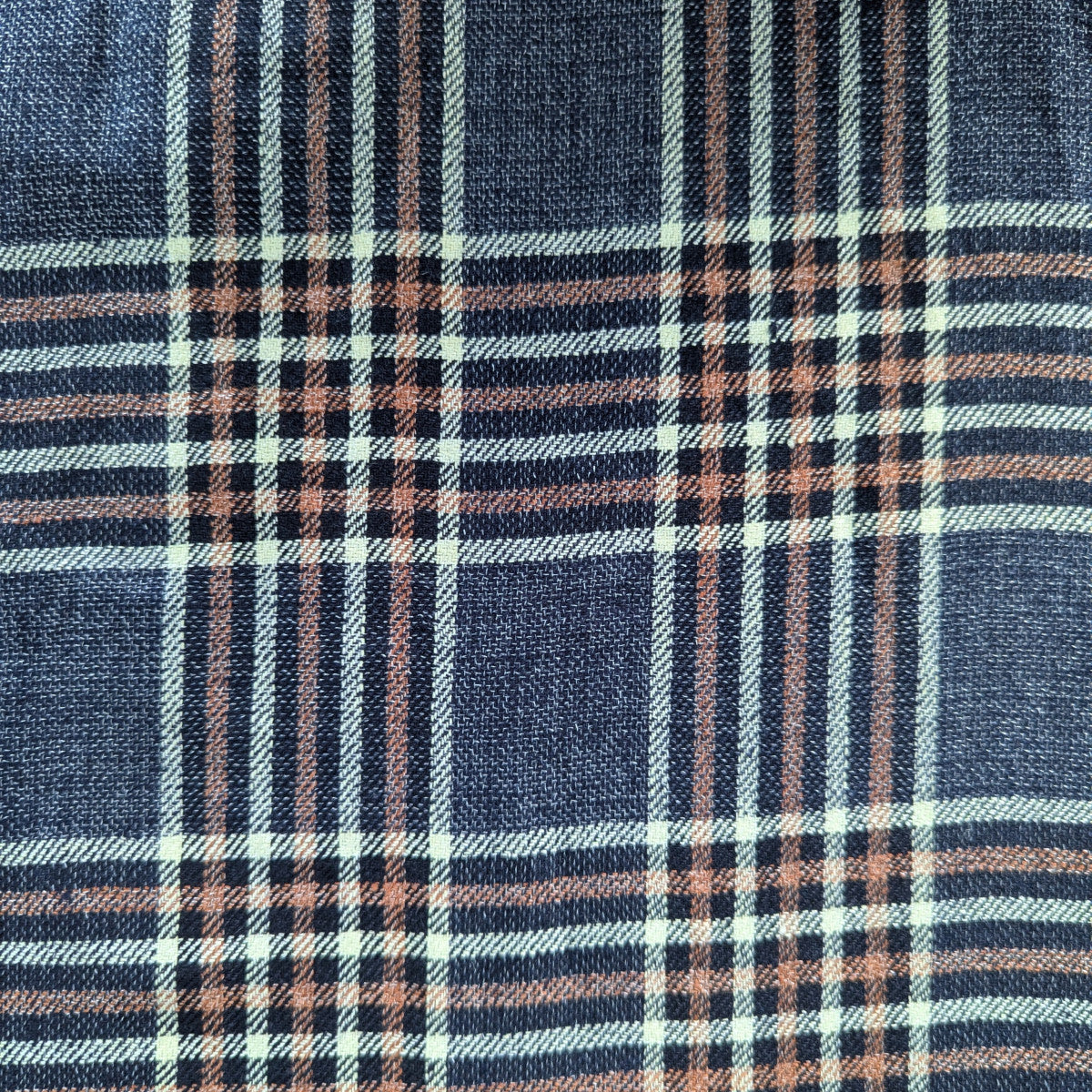 Deadstock G*cci linen-silk blend fabric, dark blue with white and peach plaid pattern.