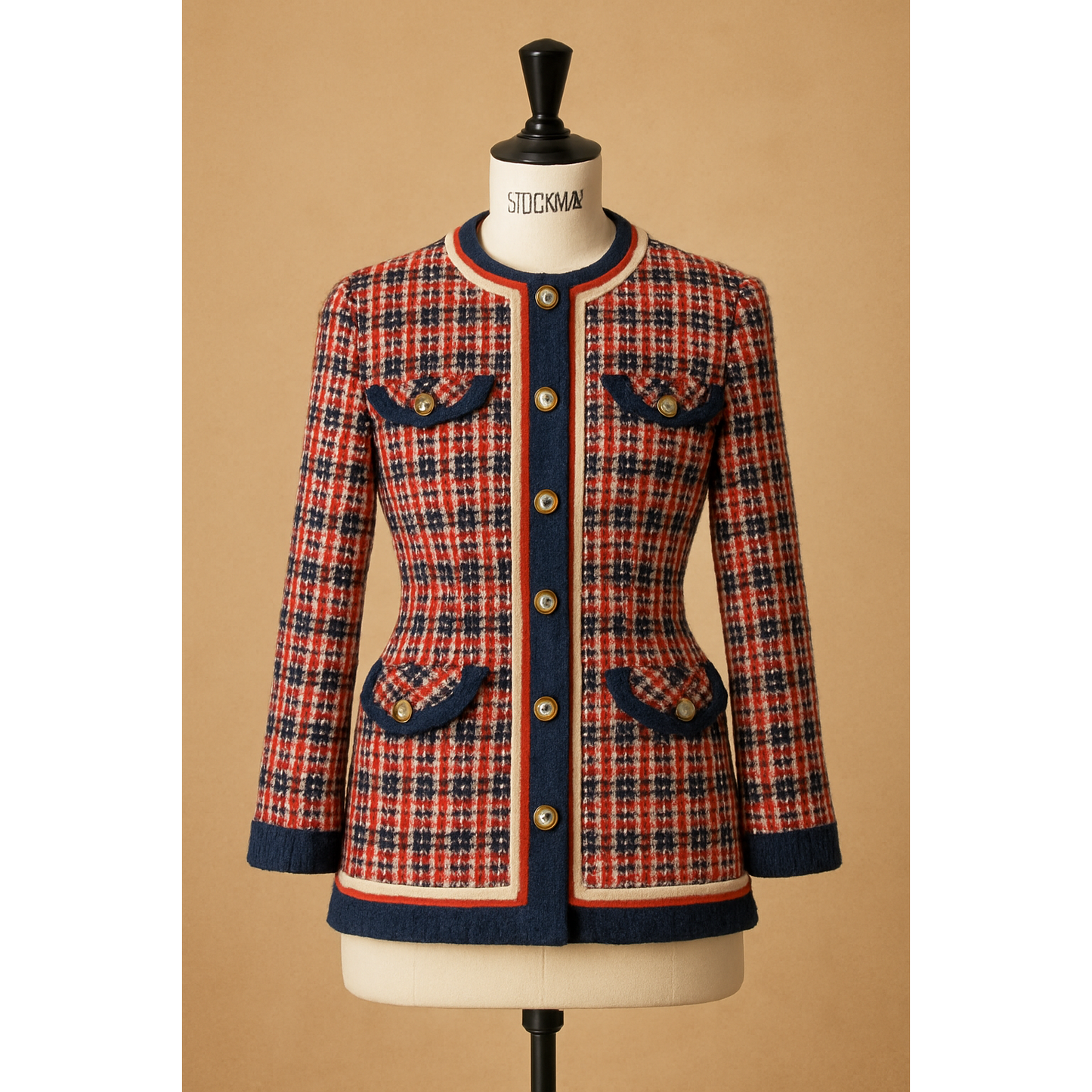Red, blue, and white tweed jacket with gold buttons and navy trim, displayed on a mannequin.