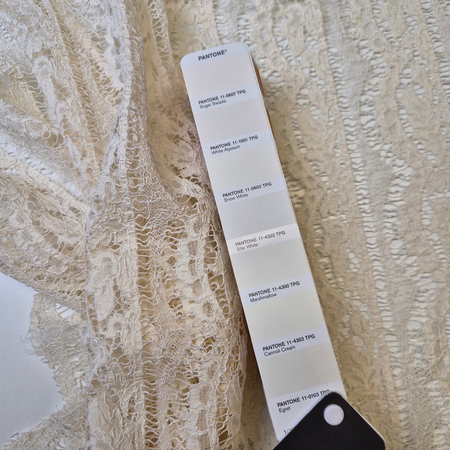 Einzelstück · Spitze · Polyester · Pantone Cannoli Cream · 230×150 cm · 170 g/m²
