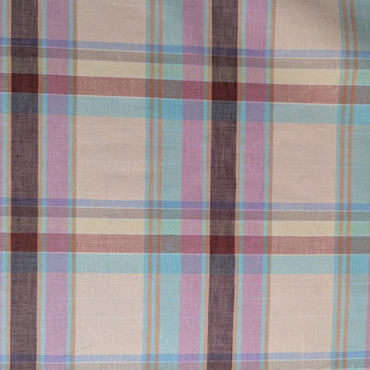 Gucci deadstock cotton-linen tartan fabric, 155cm wide, with pastel pink, blue, brown, and beige plaid.