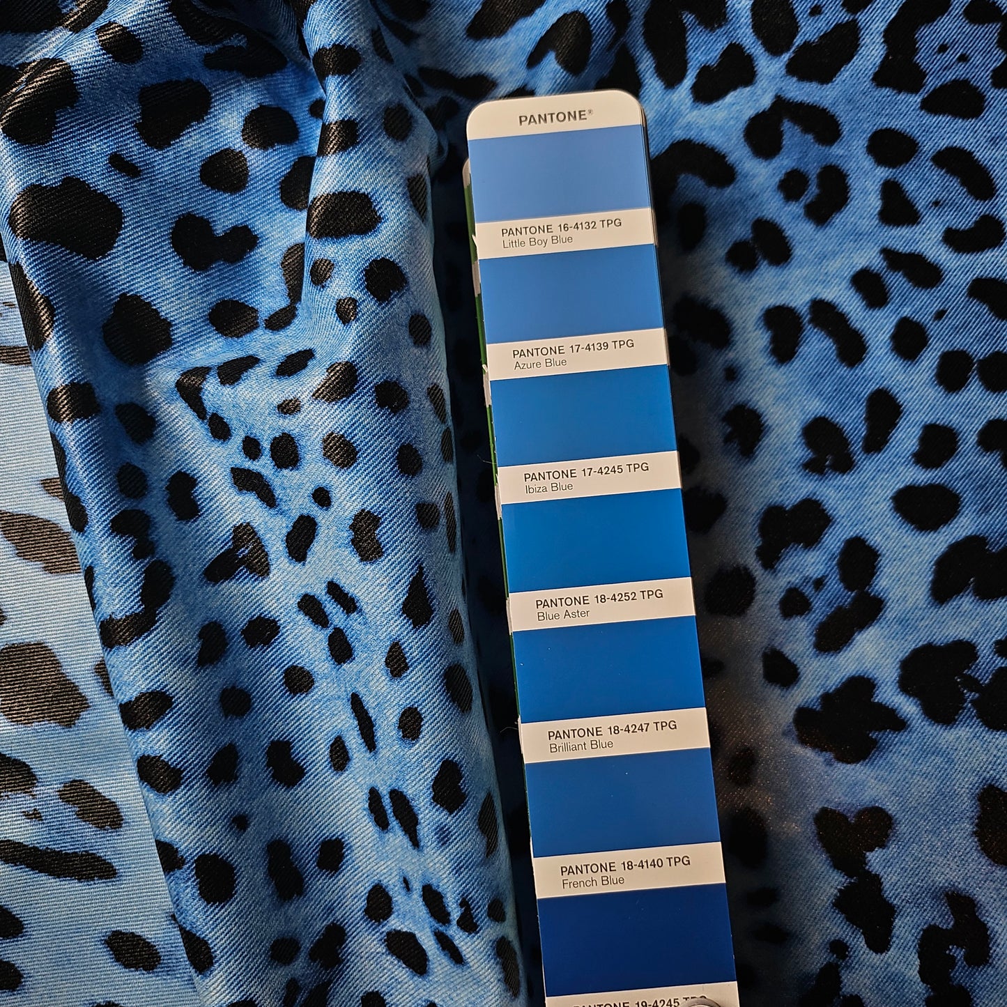 Denim · Baumwolle, beschichtet · Leopardenmuster · Farbe: blautöne · 145 cm · Meterware 270g/m2
