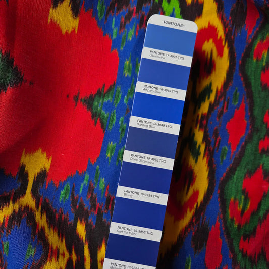 Leinengewebe · Leinen, Baumwolle · Azteken · Farbe: Rot- und Blautöne · 140 cm · Meterware