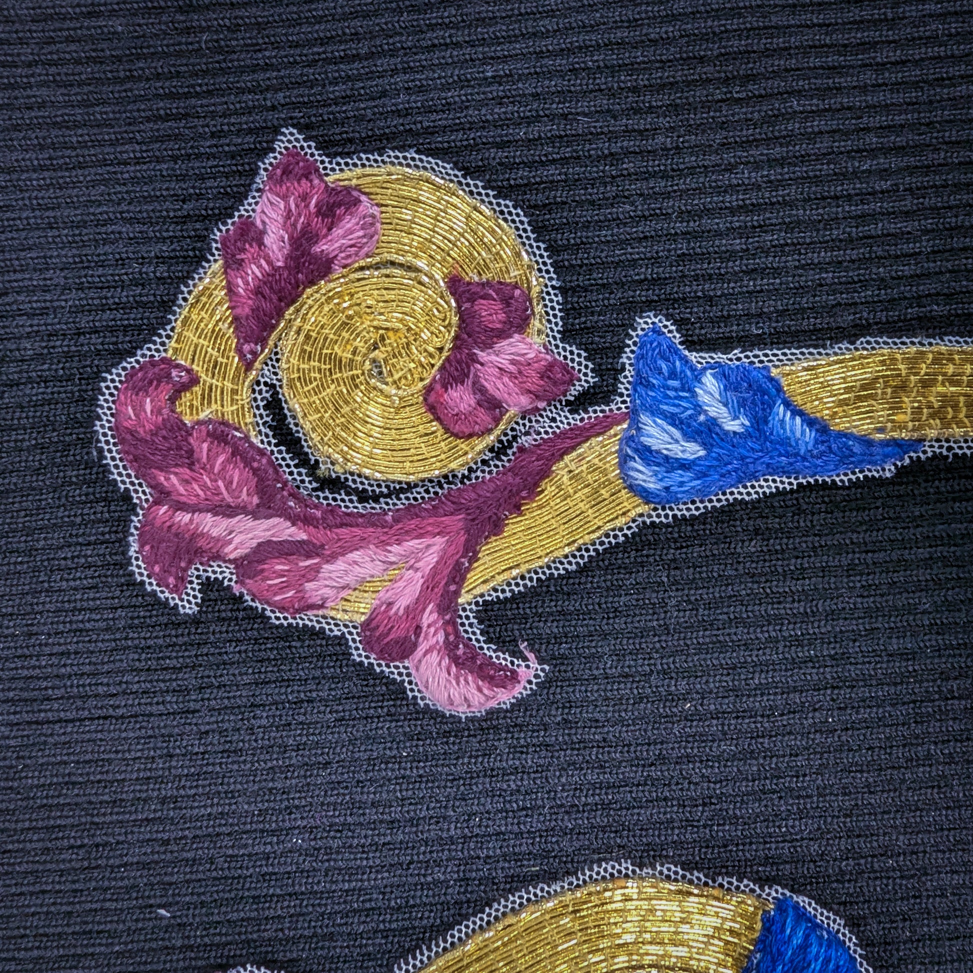 D&G gold embroidery patch with pink and blue floral accents on fine tulle, 30x15 cm.