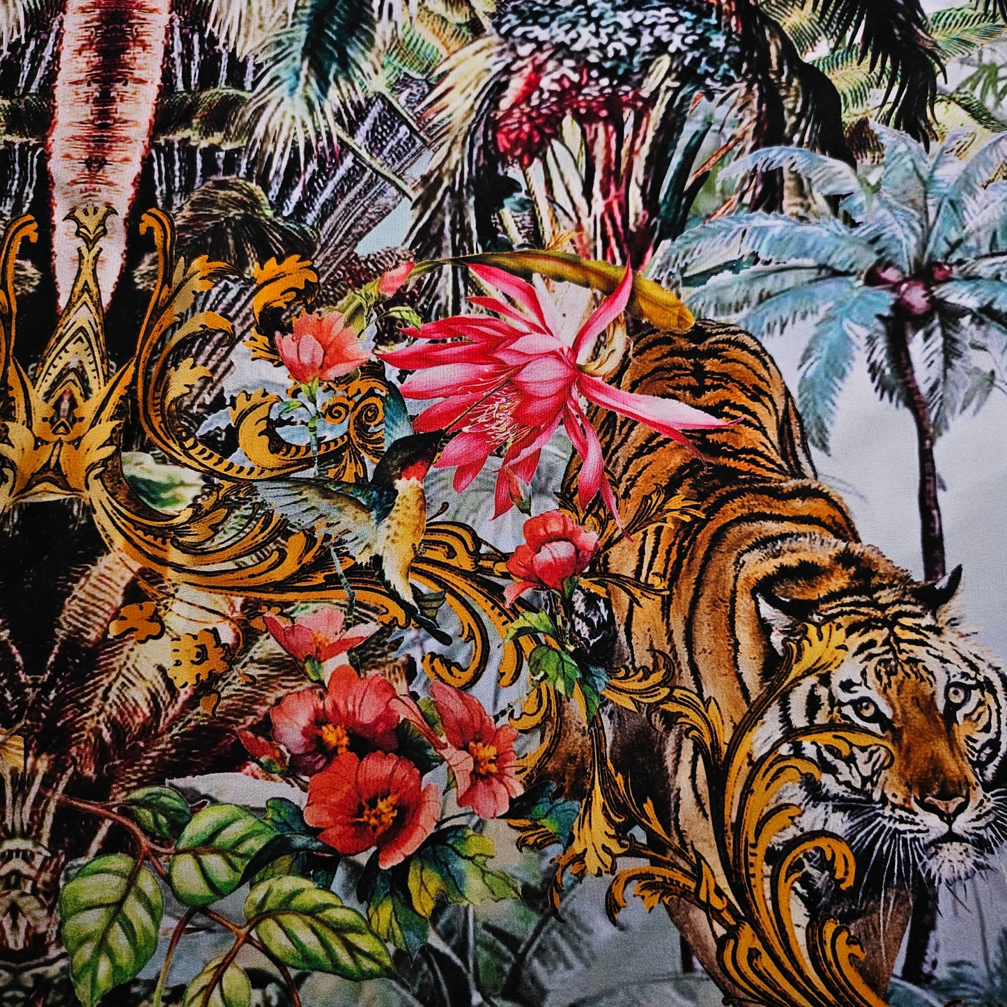 Crêpe Seide , Tropen Print floral mit blauara und tiger pastelltöne· 140 cm