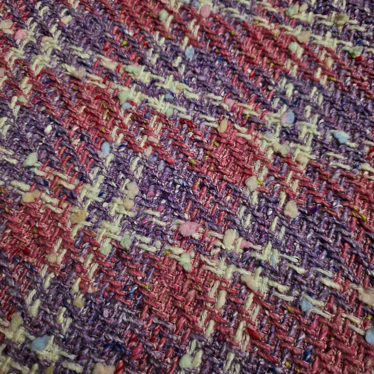 Deadstock tweed fabric in Chateau Rose and Bougainvillea Blush Powder, 140 cm wide, with textured weave.