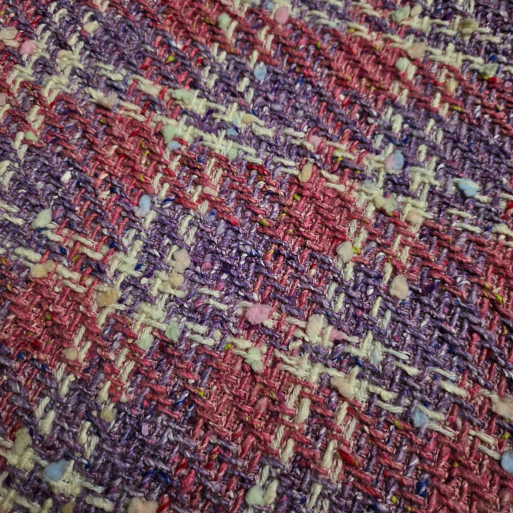 Deadstock tweed fabric in Chateau Rose and Bougainvillea Blush Powder, 140 cm wide, with textured weave.