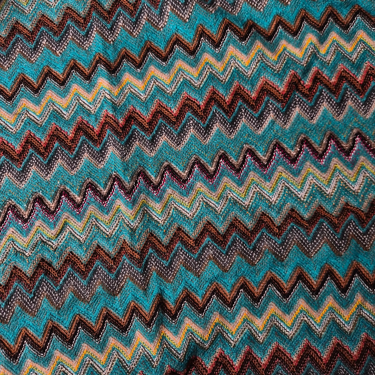 Grobstrick Baumwolle Lurex Zickzackmuster türkis und brauntöne Missoni Einzelstück 290 cm x 135 cm