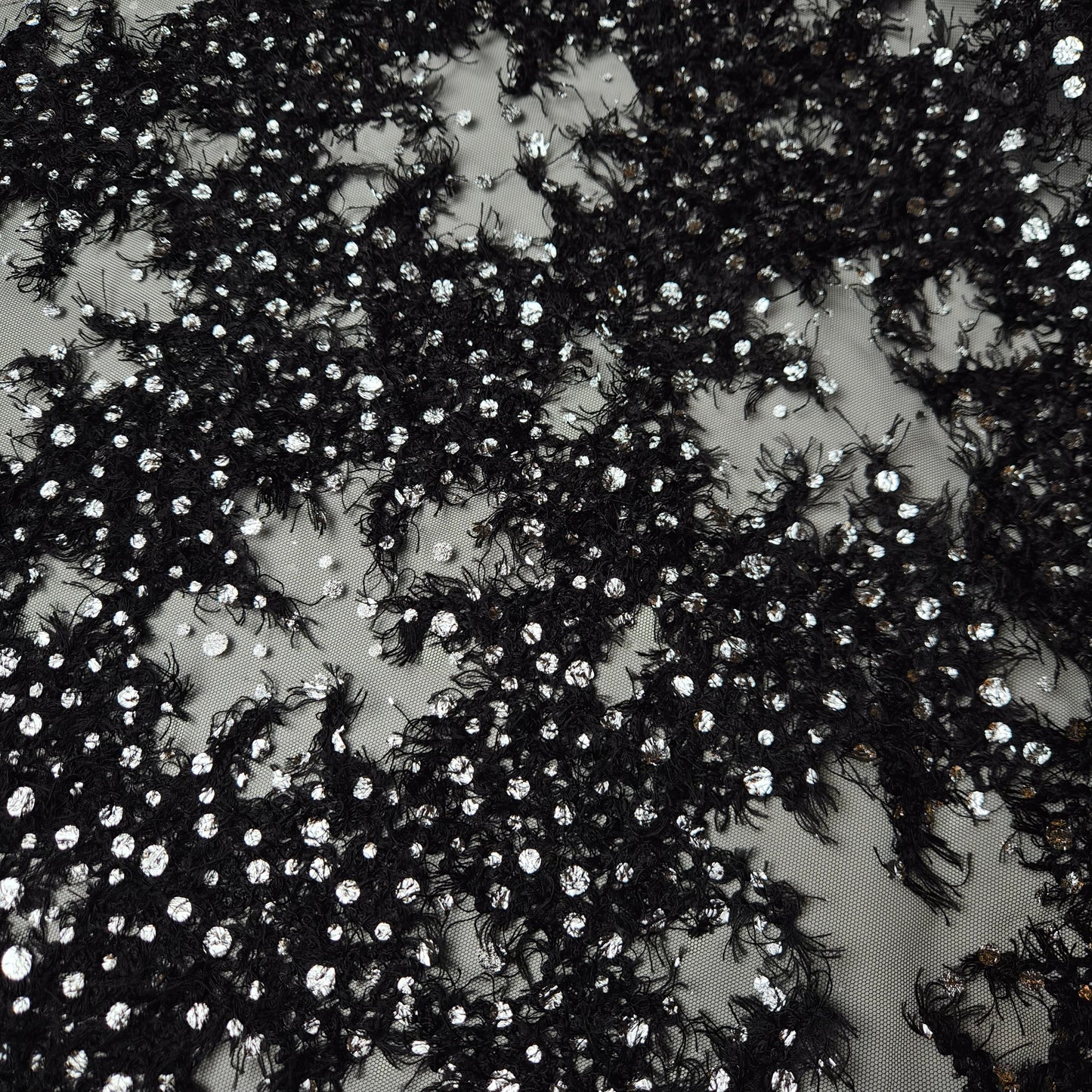 Meterware · Tüll · Bestickt · Polyester · Schwarz mit Silber · 120 cm