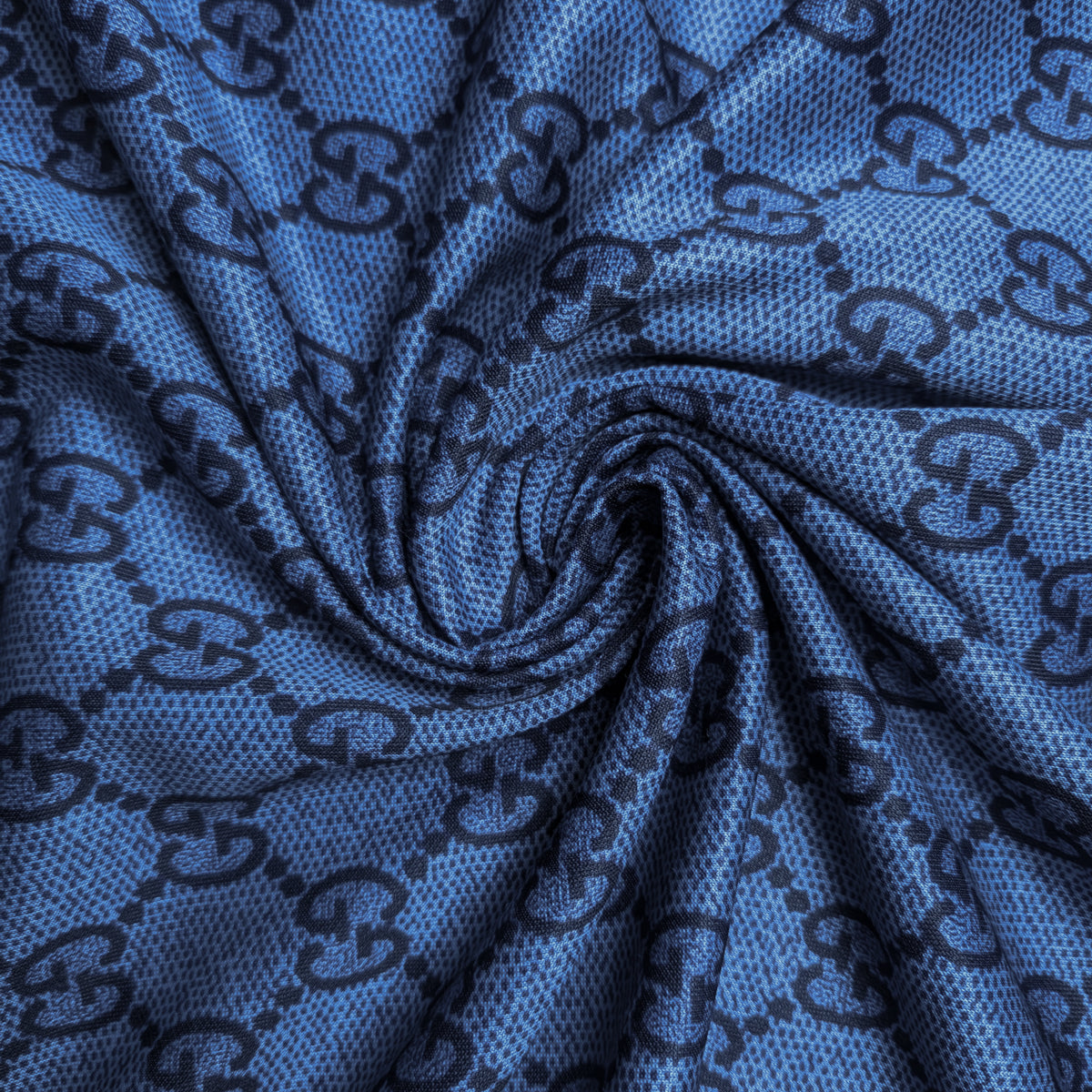 Blue Punto Milano deadstock fabric with dark Gucci GG monogram pattern, 145 cm wide.