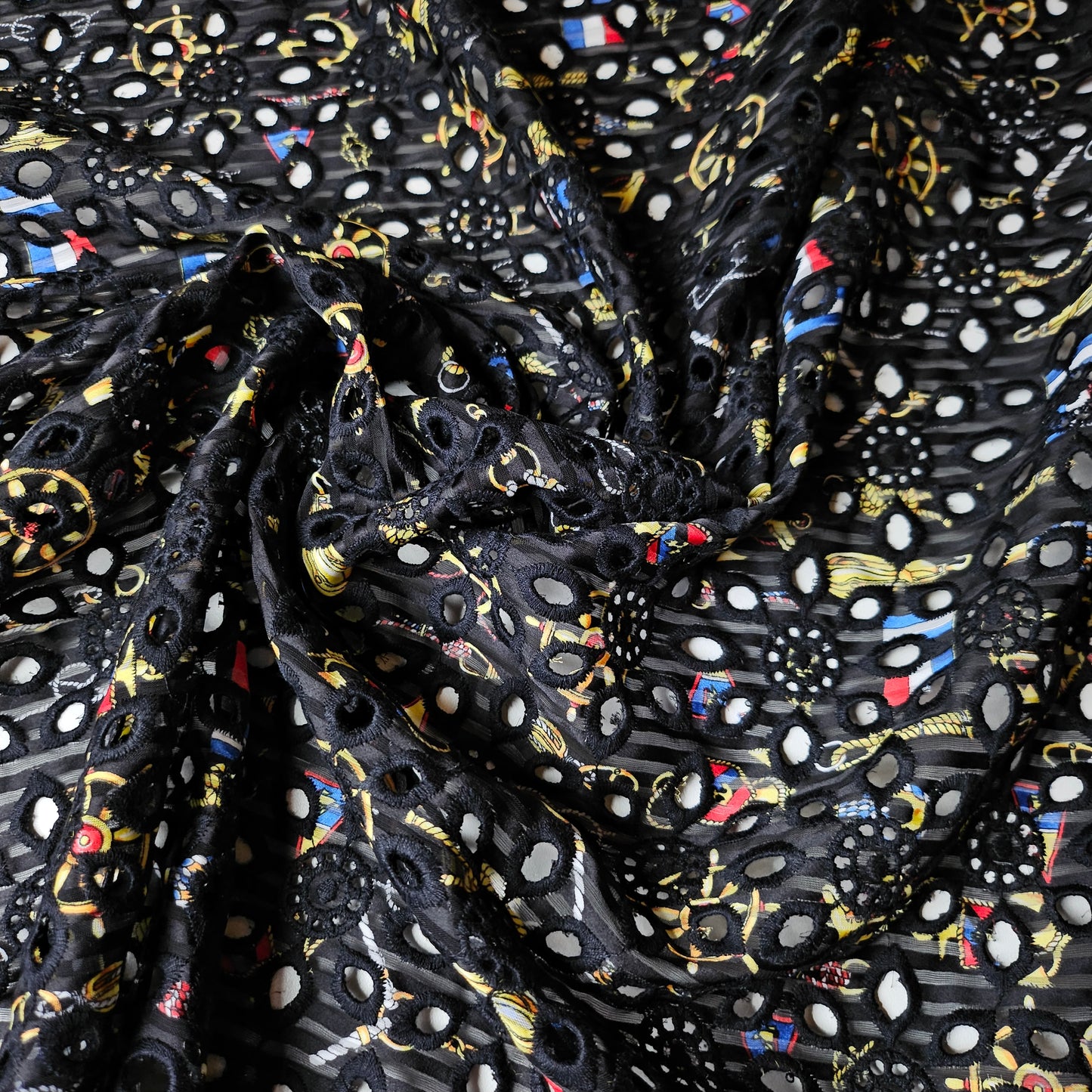 Versace Designerstoff – Deadstock Sangallo-Spitze Polyester Basisfarbe Moonless Night | Stoffbreite 100 cm | M5X1X17 230g/m²