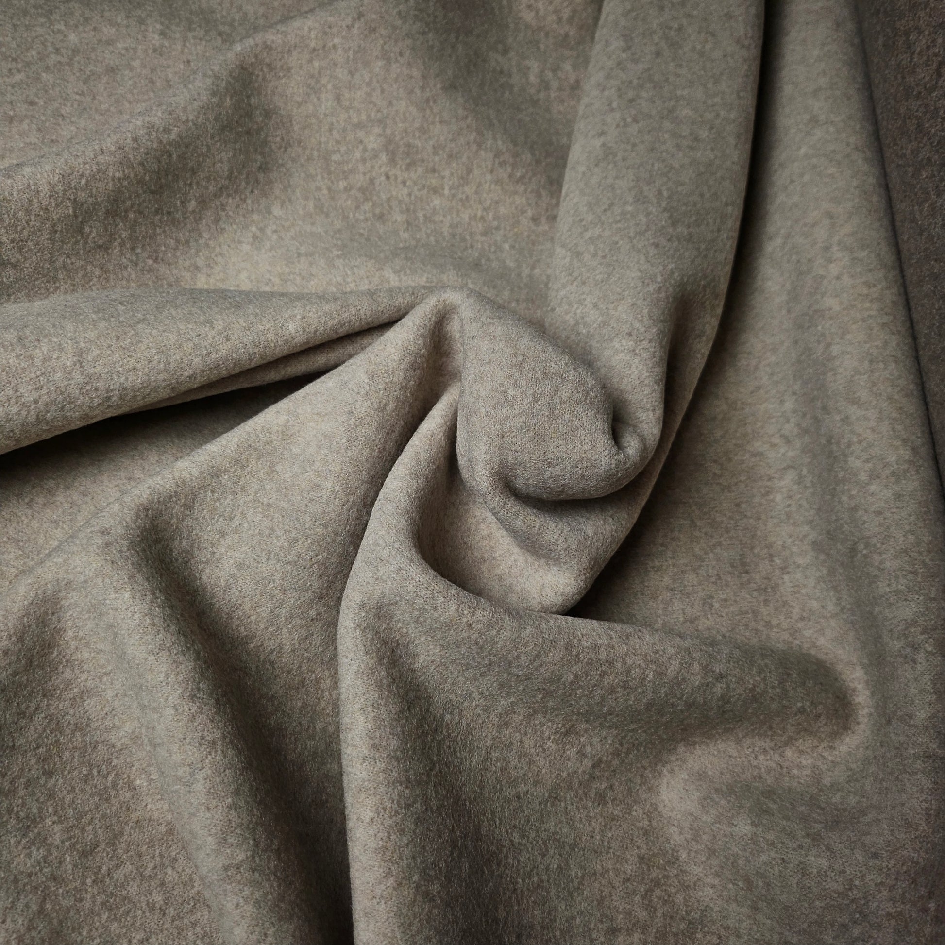 Oyster gray double-face cashmere knit fabric, 120cm wide, with soft folds.