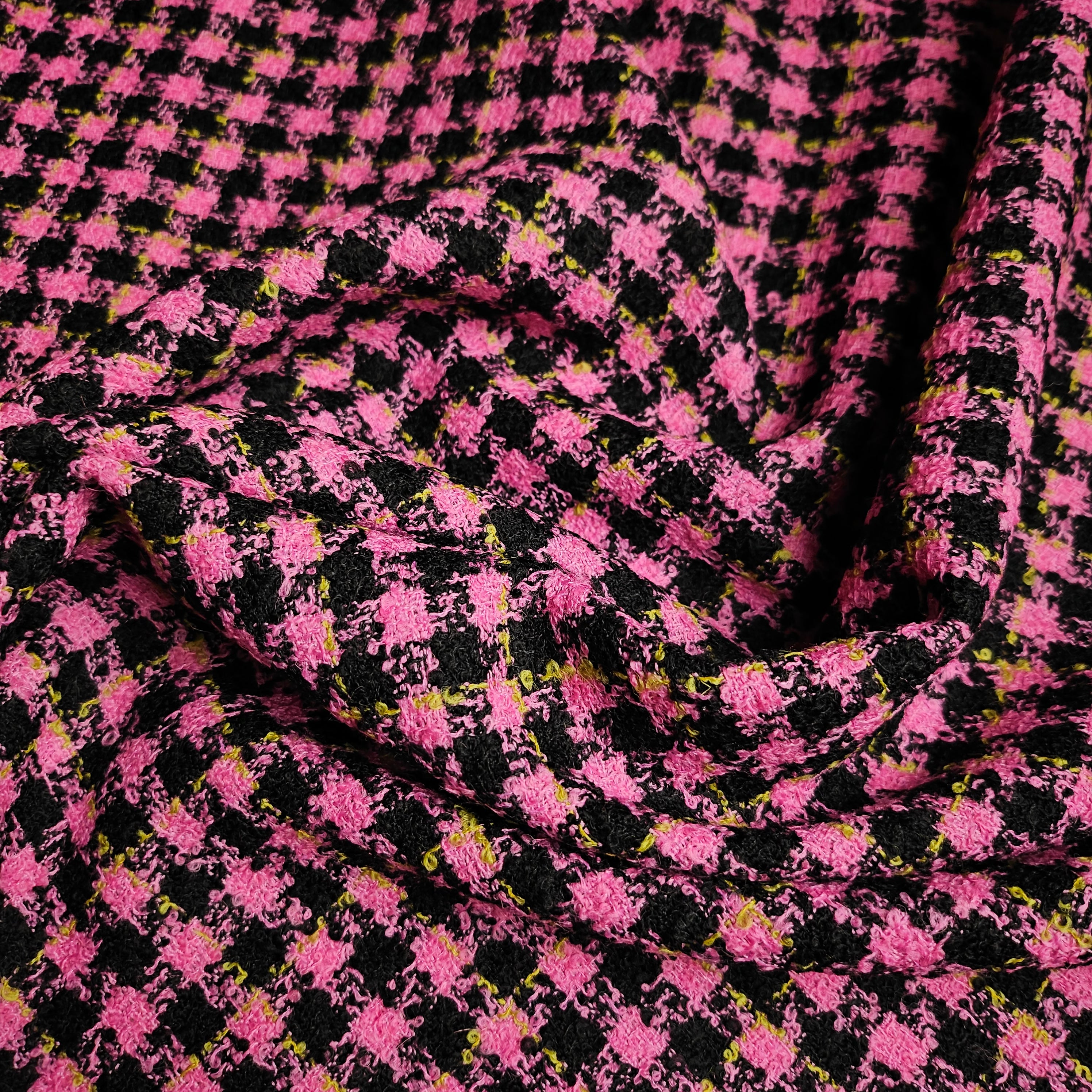 Deadstock Meterware Tweed – Super Pink Wolle kariert Lila-Meliert, V*rs*ce (Stoffbreite 150 cm) (M9X4X6)