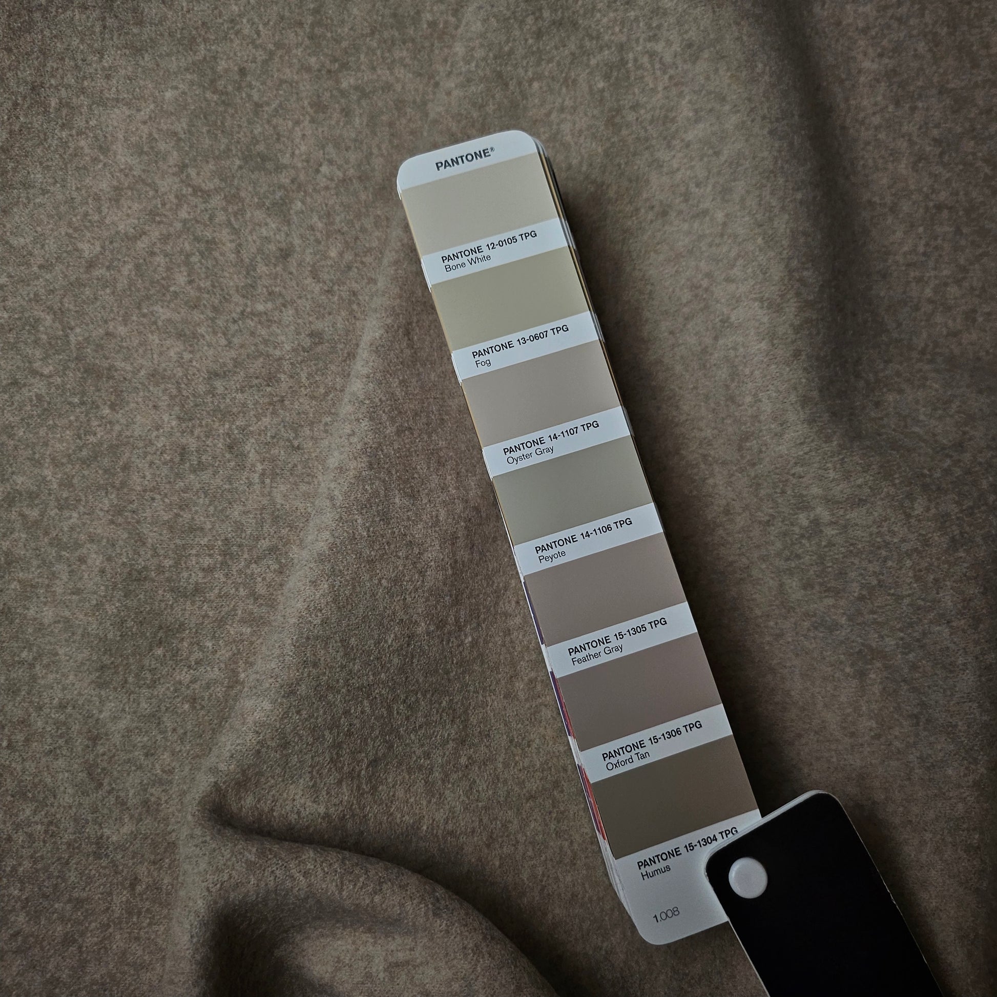 Oyster gray doubleface cashmere knit fabric with a Pantone color swatch showing "Oyster Gray.