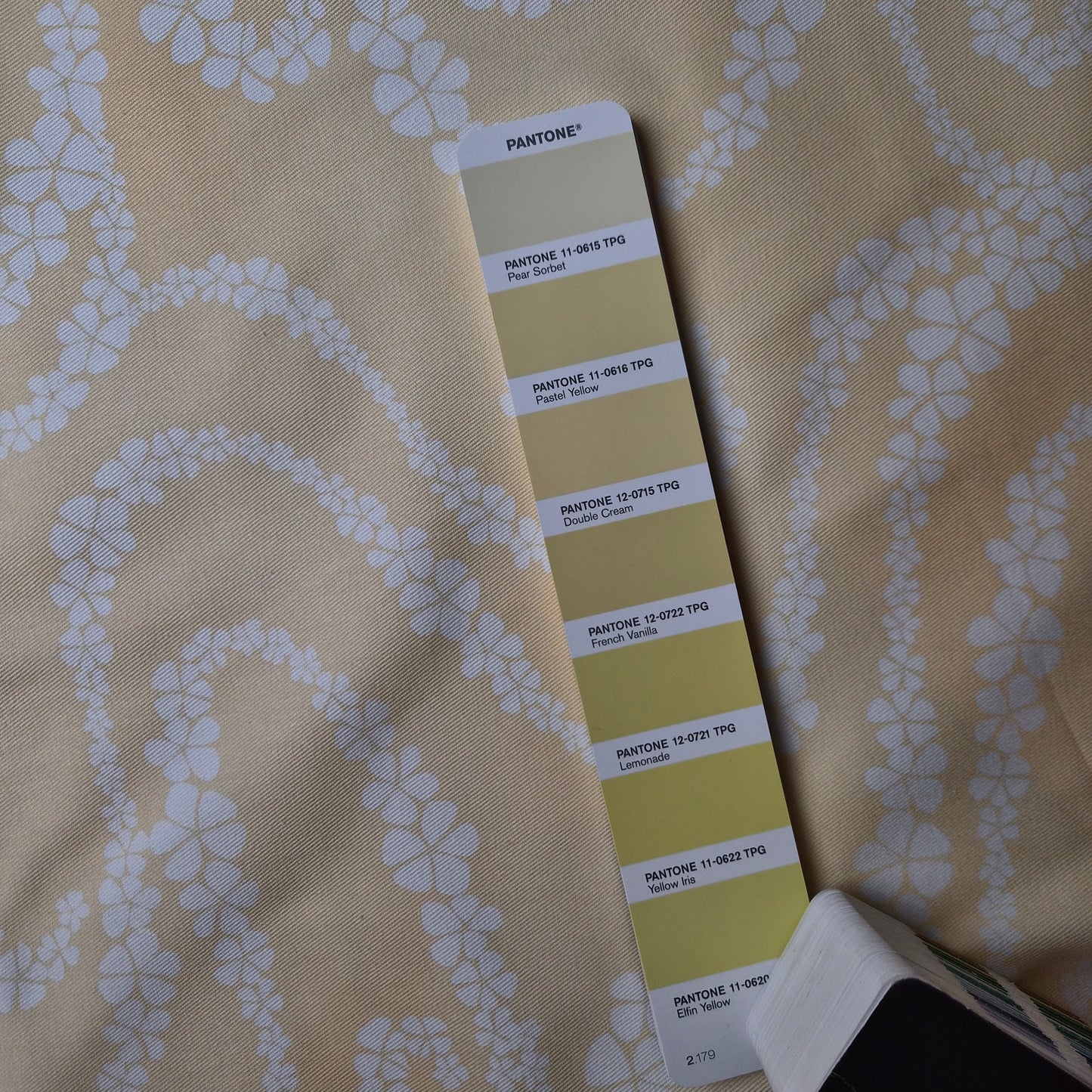 Meterware · Denim, Baumwolle, Pantone Double Cream, Blumen · 155 cm 230g/m2
