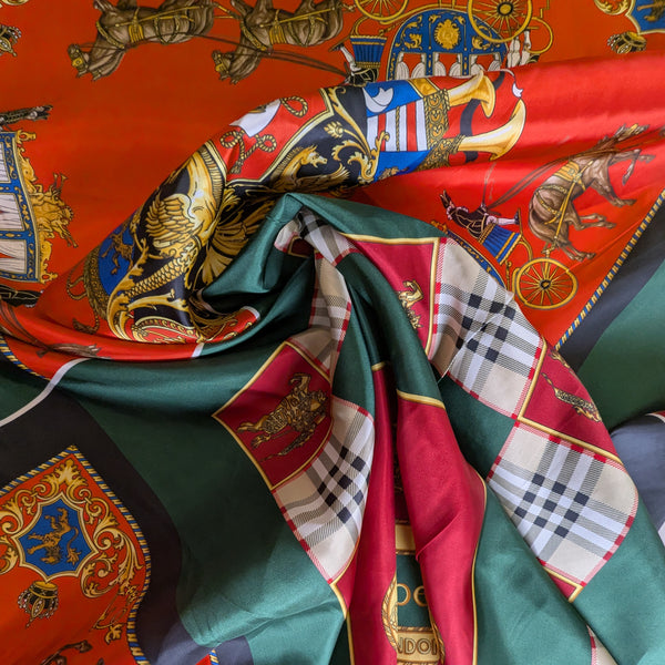 Red, green, and beige viscose lining fabric panel with equestrian and plaid scarf prints.