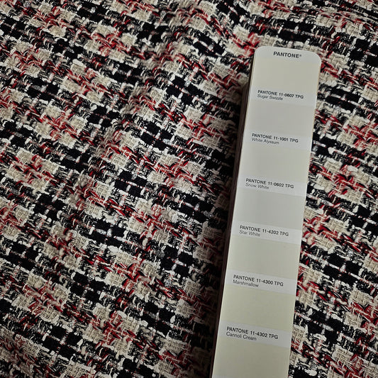 Deadstock G*cci tweed fabric, 145cm wide, in Star White, black, and red, with a Pantone color guide.