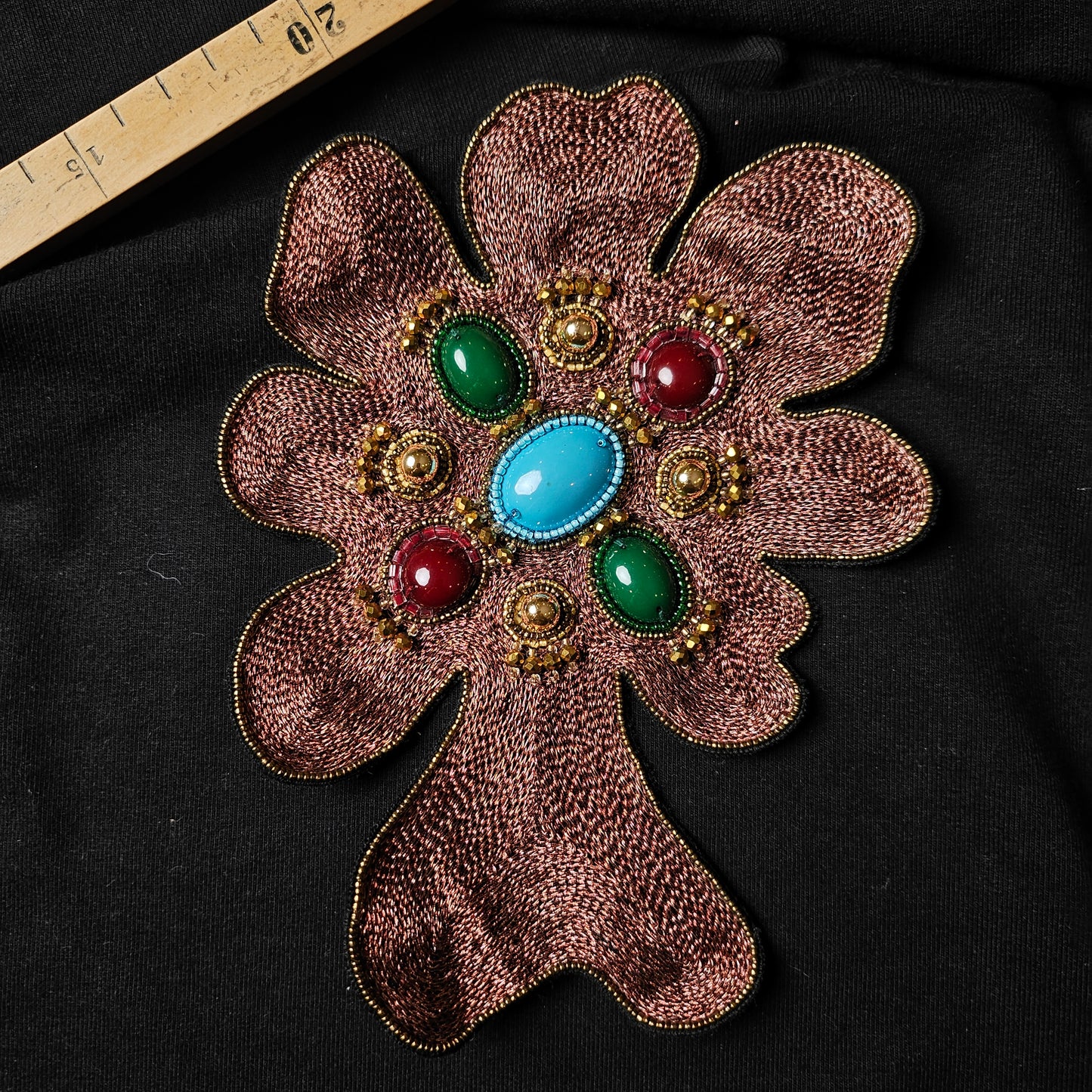 D&G brown embroidered patch, 14x18cm, with turquoise, green, and red gemstones, and gold beads.