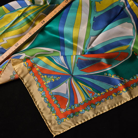 Pucci silk twill scarf, 90x90cm, with turquoise, blue, white, orange, beige abstract design.