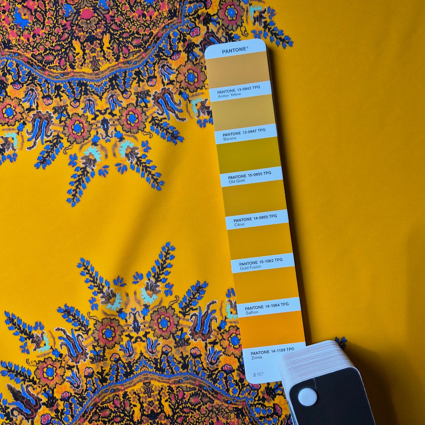 Lycra · Kunstfaser, Elasthan · Ornament · Farbe: Gelbtöne · 75×130 cm · 190 g/m² · Panel
