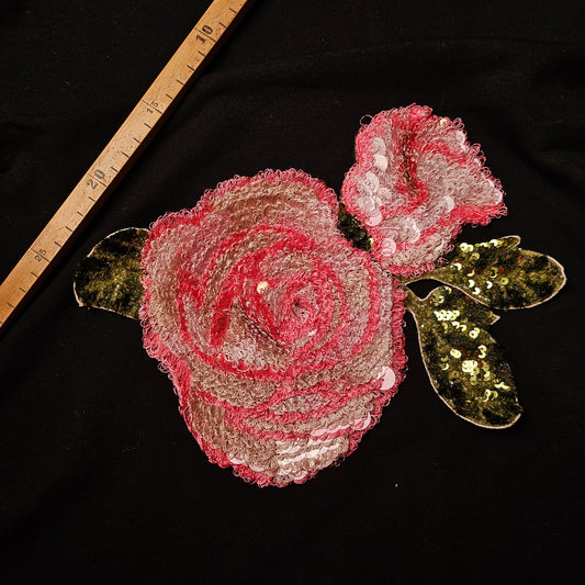 D&G 3D rose patch, 19x27 cm, with pink textured petals, white sequins, and green sequined leaves.