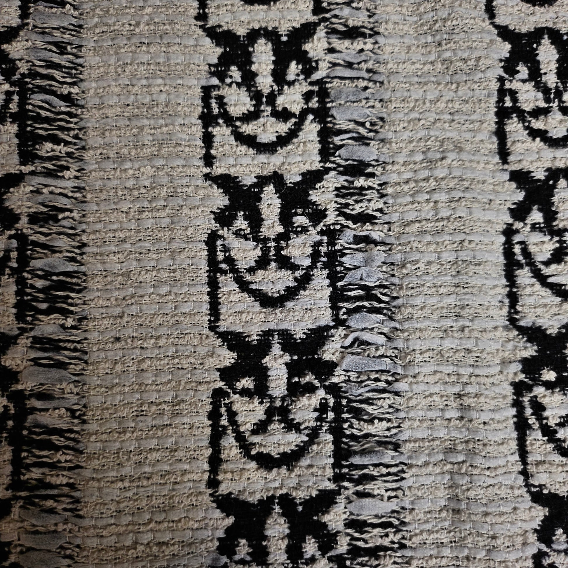 Pinko deadstock cotton tweed fabric, Pantone Coconut Milk with black Love Birds pattern, 150 cm wide.