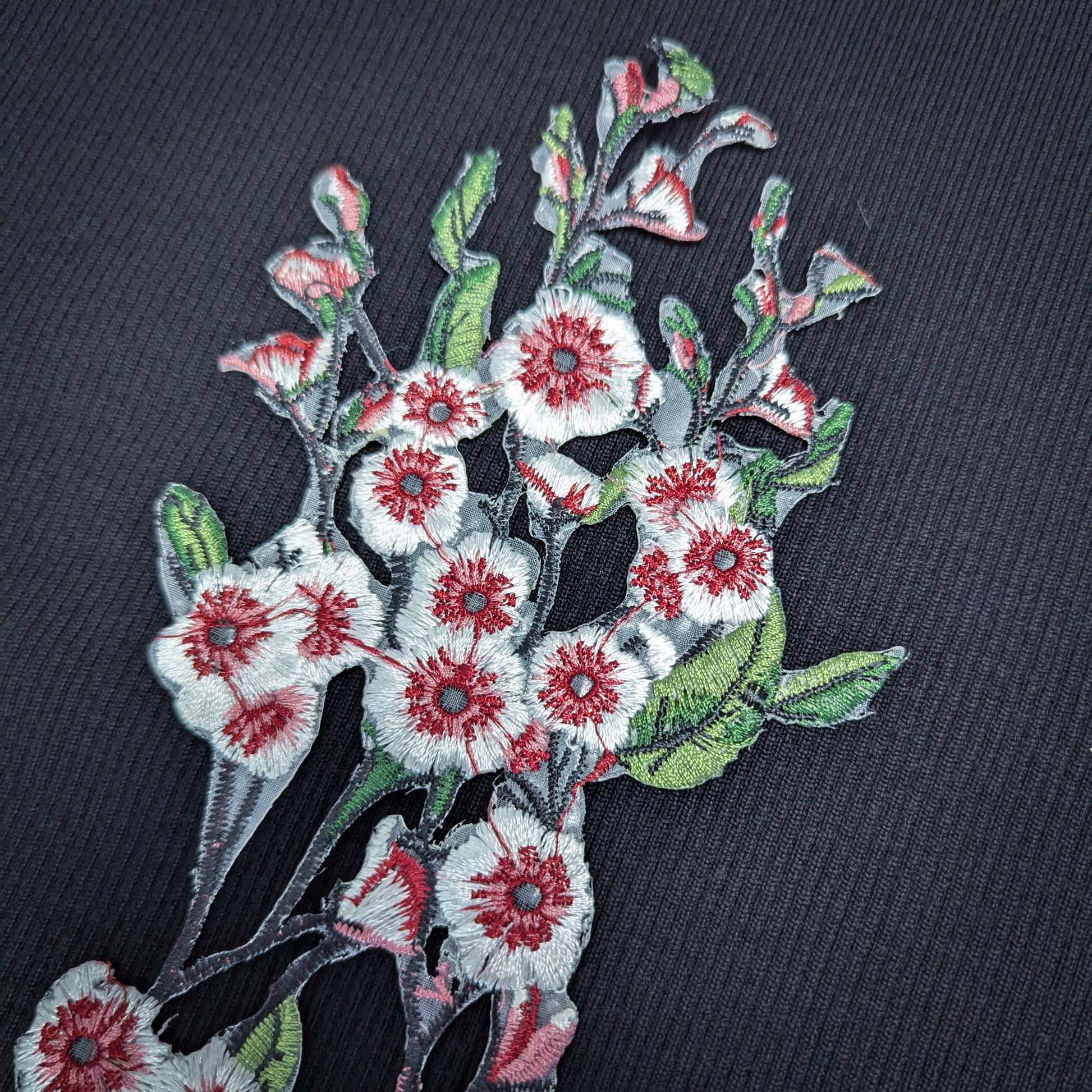 XXL G*cci cherry blossom embroidered knit patch, 40cm, with red, white, and green floral details.