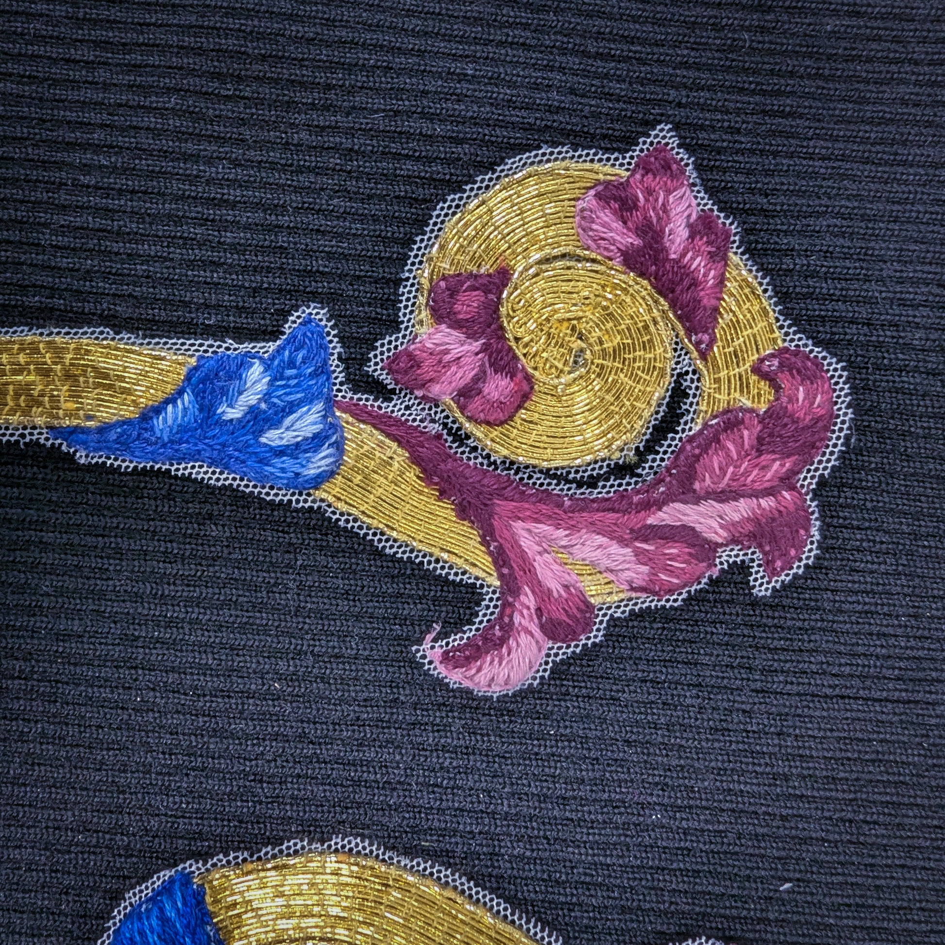 D&G gold embroidery patch on fine tulle with blue and magenta accents, 30x15 cm.