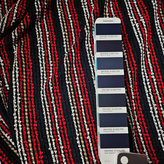 Dark blue tweed fabric with red, white, and gold stripes, shown with a Pantone color swatch.