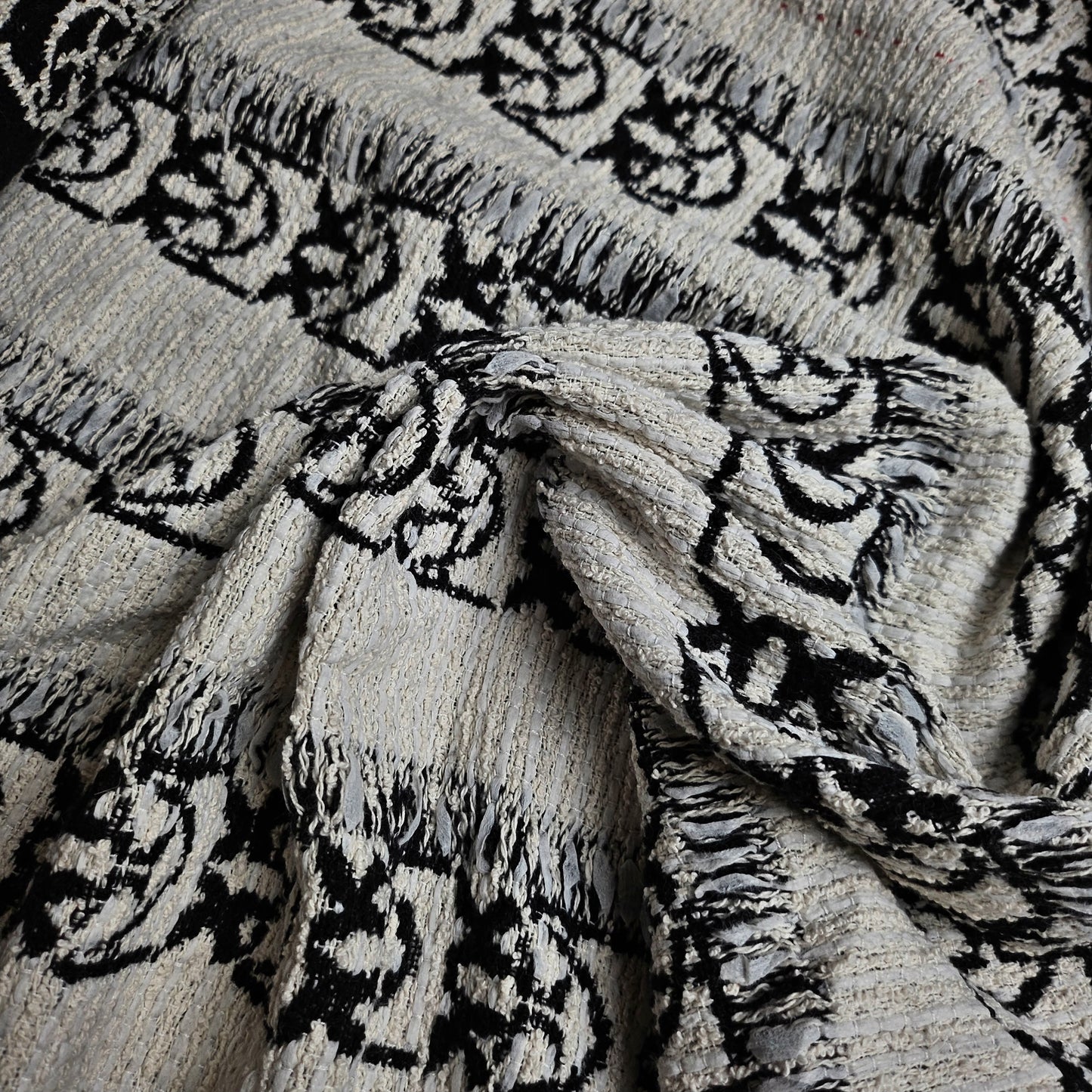 Pinko deadstock cotton tweed fabric, Pantone Coconut Milk with black Love Birds pattern.