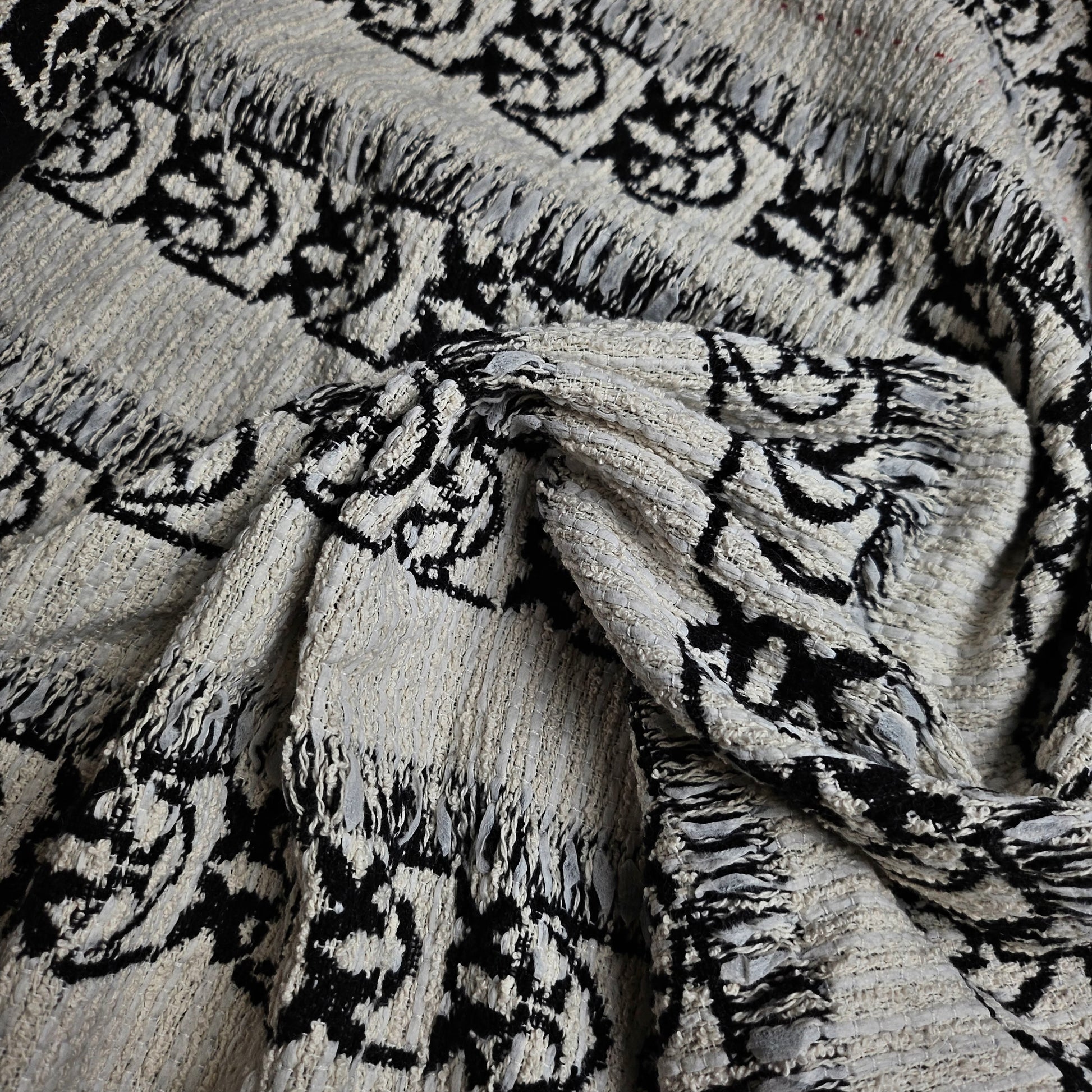 Pinko deadstock cotton tweed fabric, Pantone Coconut Milk with black Love Birds pattern.