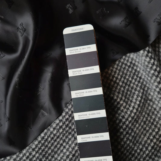 Kombipaket · Mantelstoff · Wolle, Polyester · Hahnentritt · Schwarz- und Wollweißtöne · Stoff 220×150 cm + Viskosefutter 150×140 cm