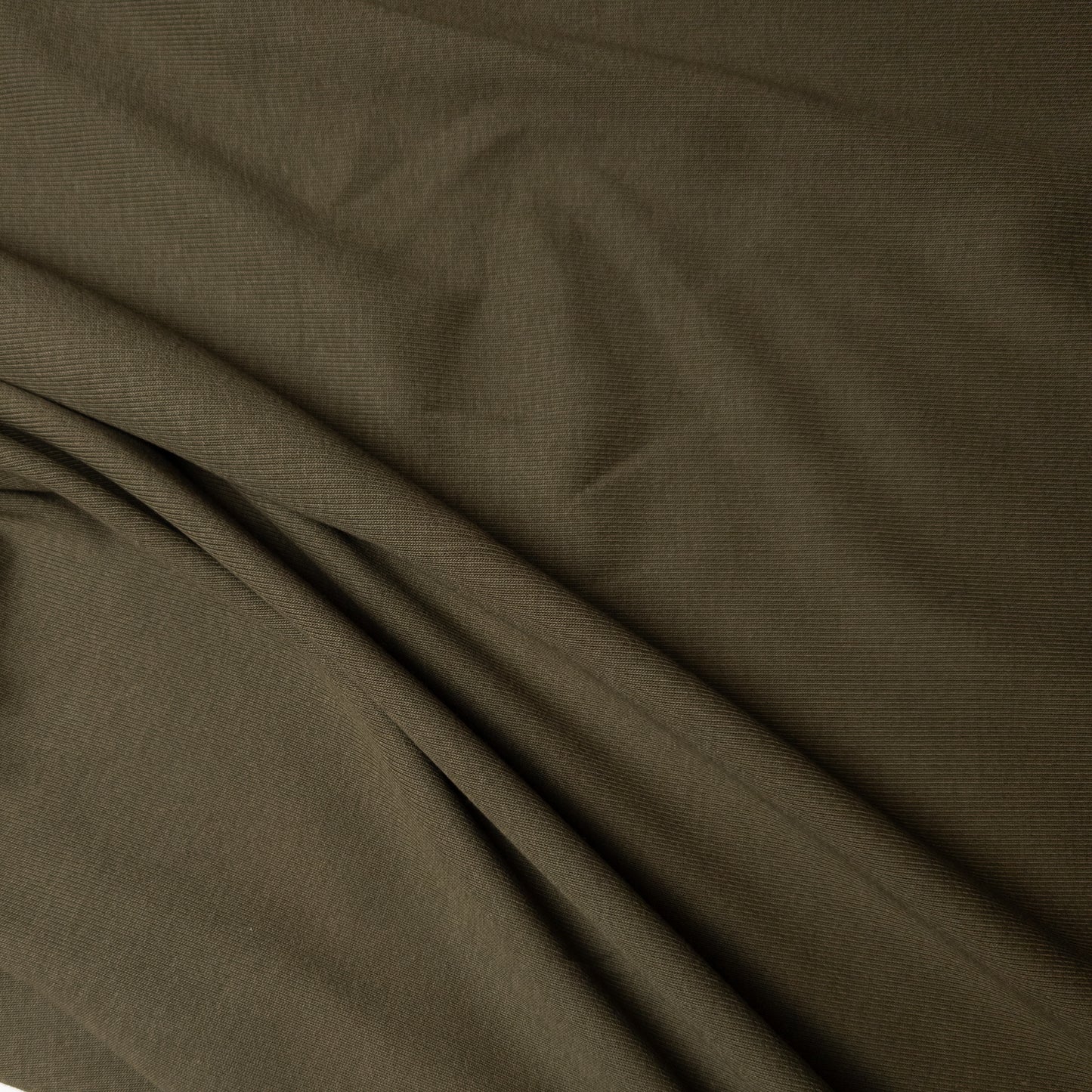 Dark olive green ribbed knit deadstock fabric, 100cm wide, with subtle melange texture and soft folds.