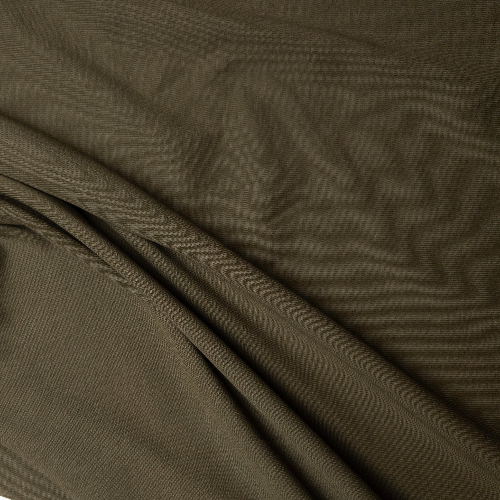 Dark olive green ribbed knit deadstock fabric, 100cm wide, with subtle melange texture and soft folds.