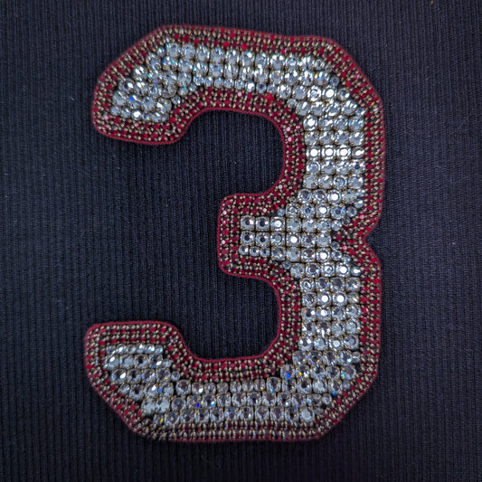 Embroidered D&G number 3 patch, 13cm, adorned with sparkling rhinestones and red beaded trim.