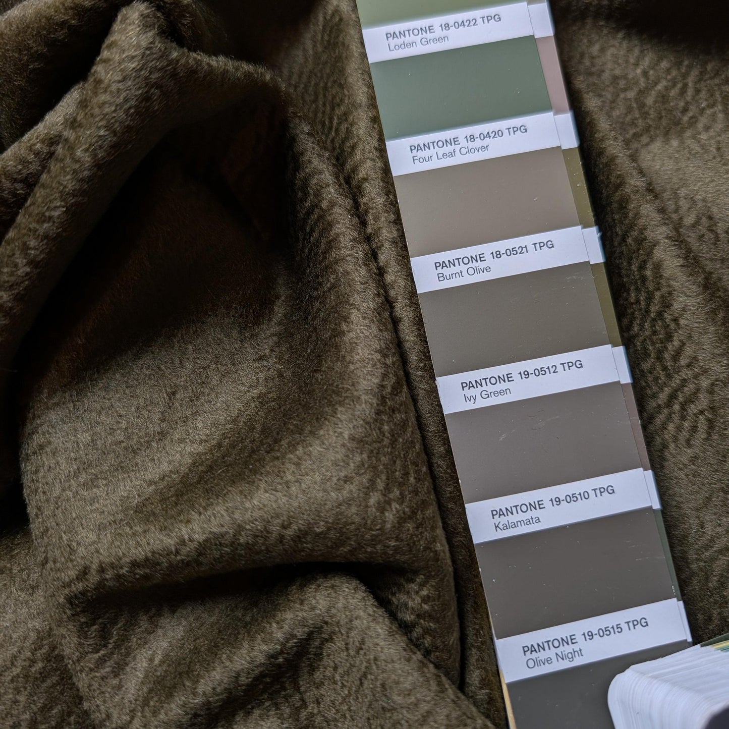 Kombipaket · Mantelstoff · Velours-Behandlung · Kaschmir · Pantone Ivy Green · Stoff 350×150 cm + Viskosefutter 300×150 cm · 670 g/m²