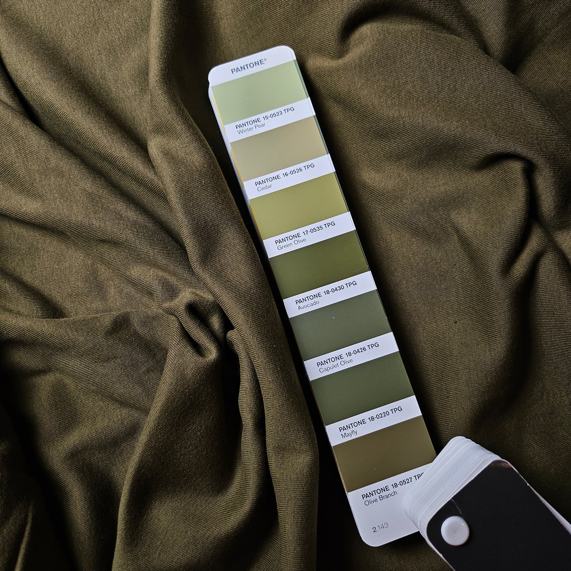Olive Branch LW Ribstrick fabric, 50x84cm, with a Pantone color swatch showing various olive green shades.