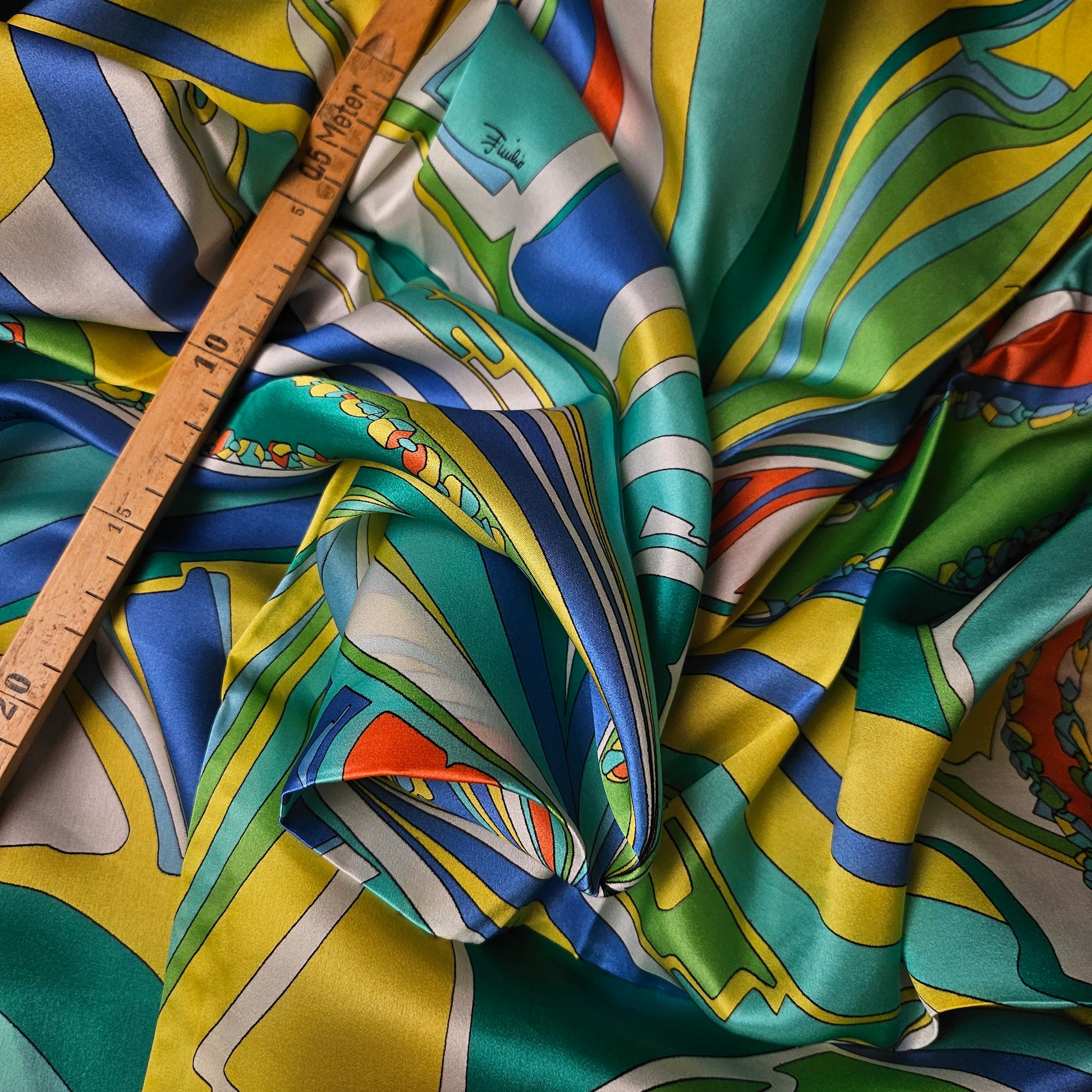 Pucci silk twill scarf, 90x90cm, in turquoise, blue, white, orange, and beige abstract print.