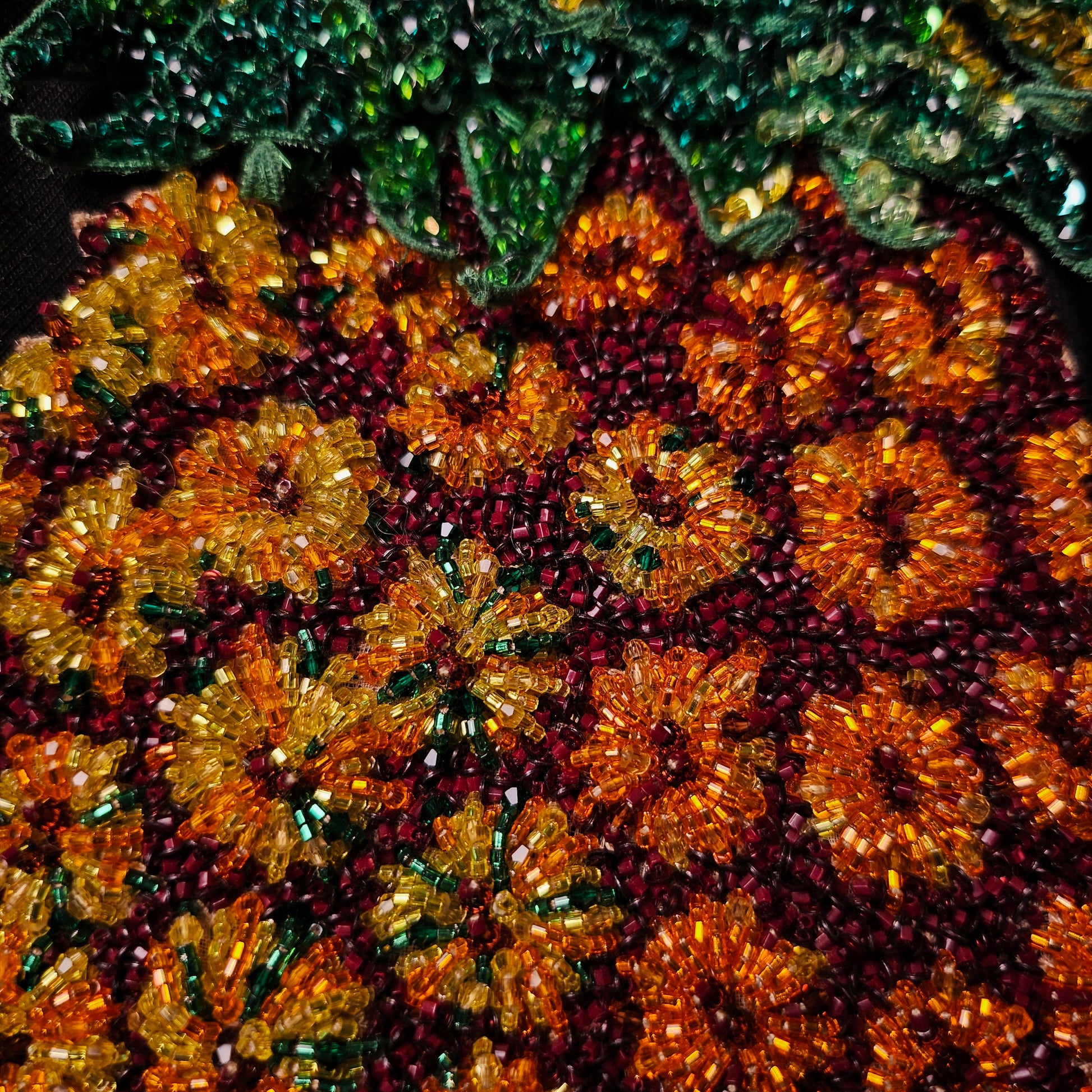 D&G Ananas patch, 12x25cm, embroidered textile with orange, yellow, and burgundy beads, green top.