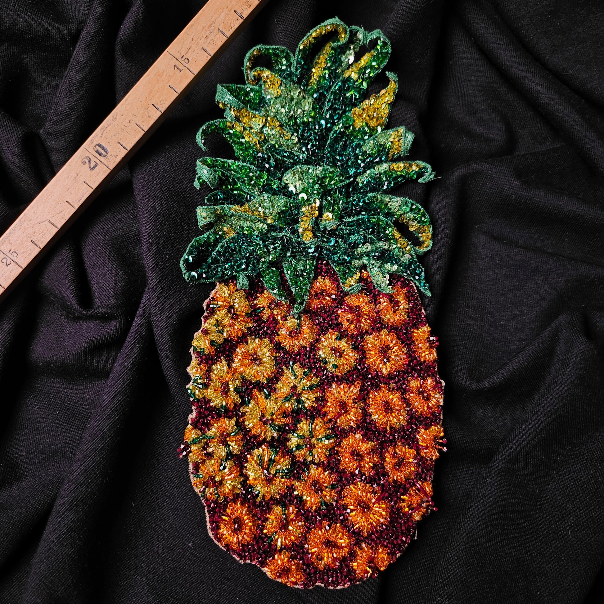 D&G Ananas embroidered patch, 12x25cm, with green sequined leaves and orange/red beaded fruit.