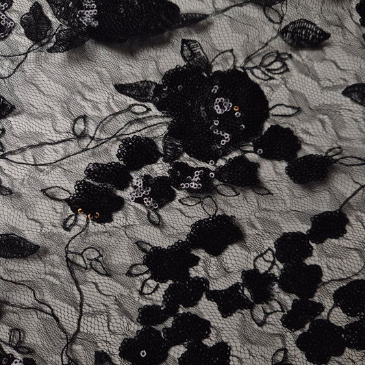 Einzelstück · Tüll · Mit Pailletten · Polyester · Floral · Schwarz · 110×160 cm