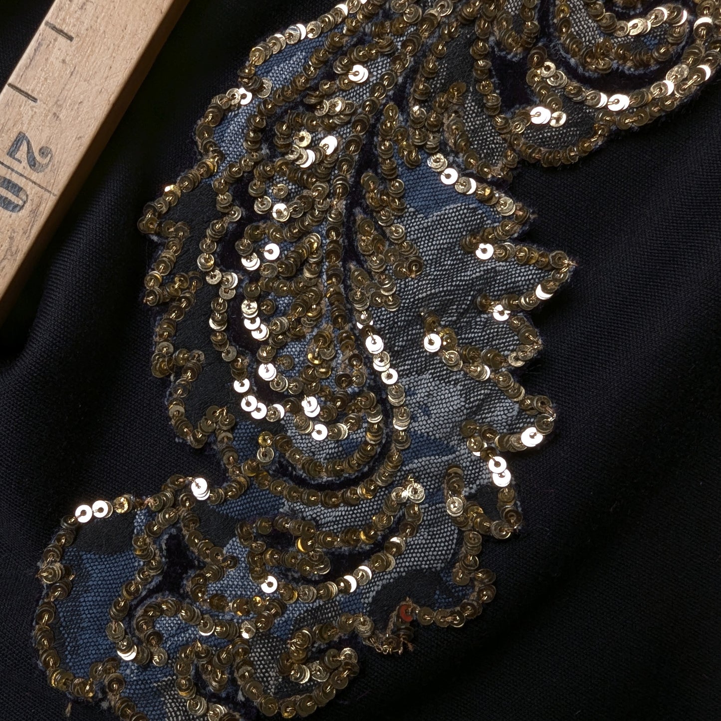 D&G grey-black jacquard patch with ornate gold sequin embroidery, 16 cm.